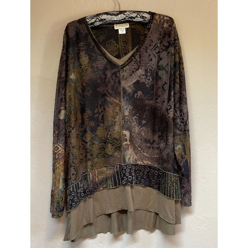 Impulse California Womens Jacquard Tiered Hem Tunic Top XL Brown Lagenlook Boho